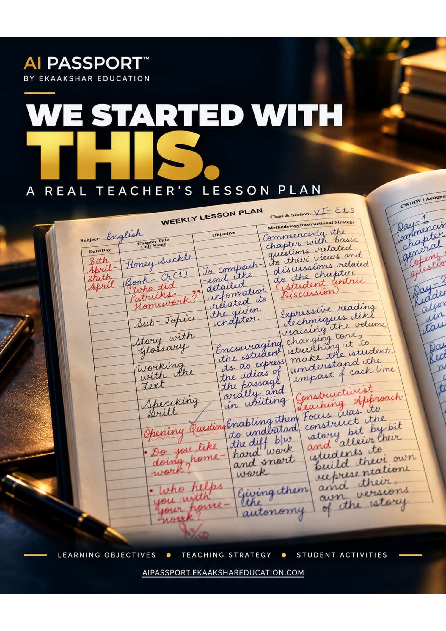 Authentic handwritten lesson plan for Class 6 English