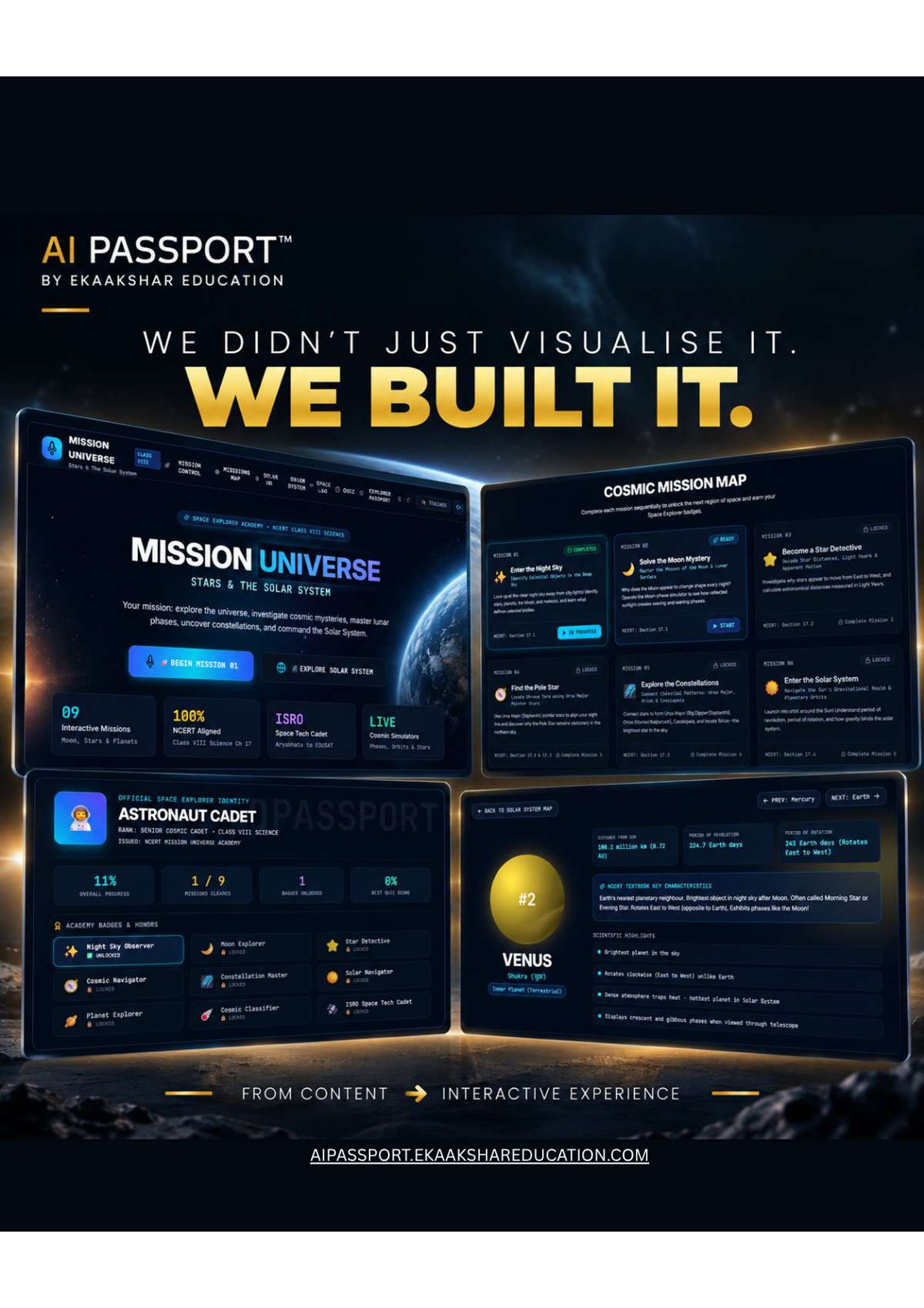 Live interactive web application build Mission Universe with 9 missions and ISRO space cadet identity
