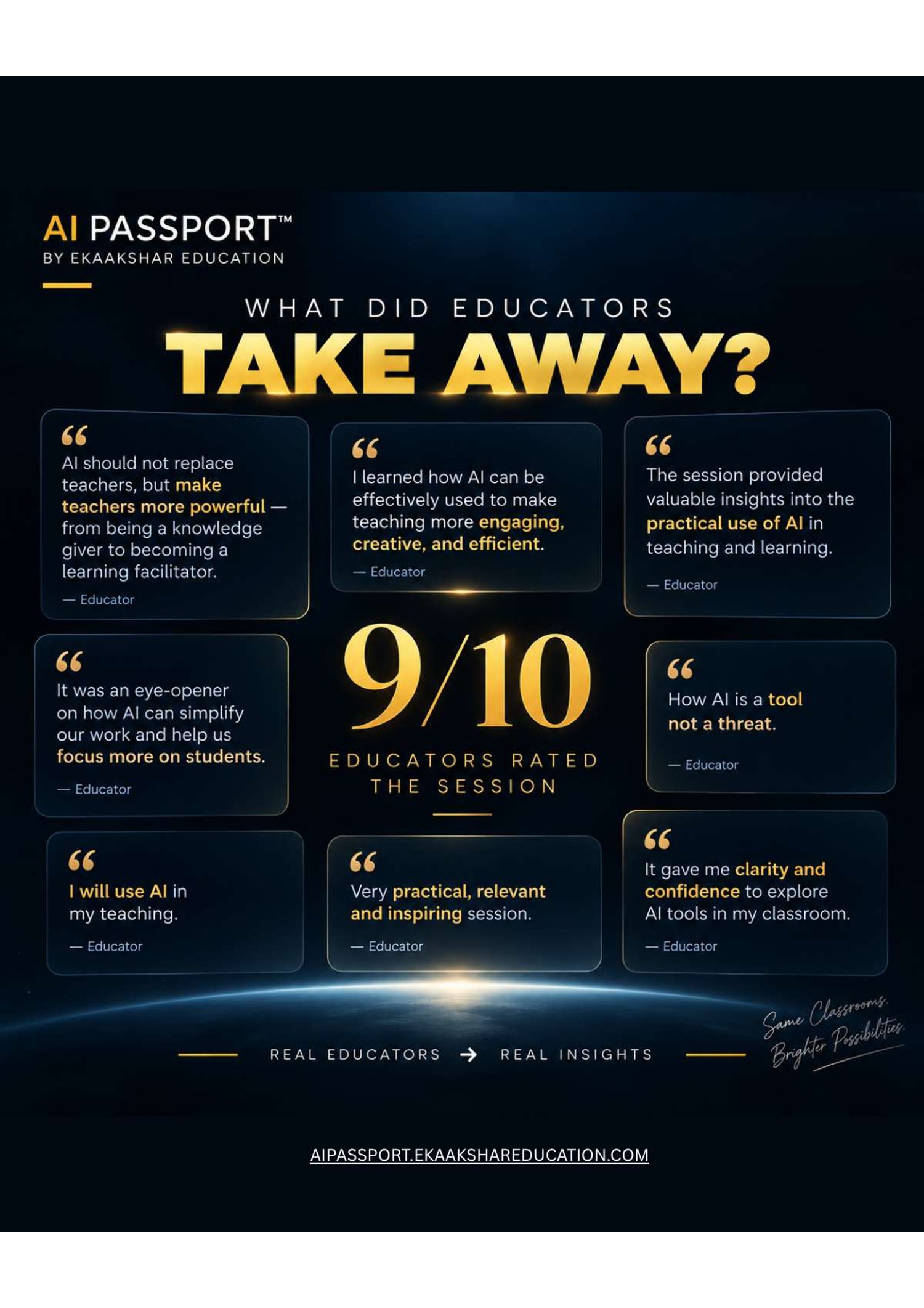 Educator takeaway scorecard highlighting 9 out of 10 average rating with verified quotes