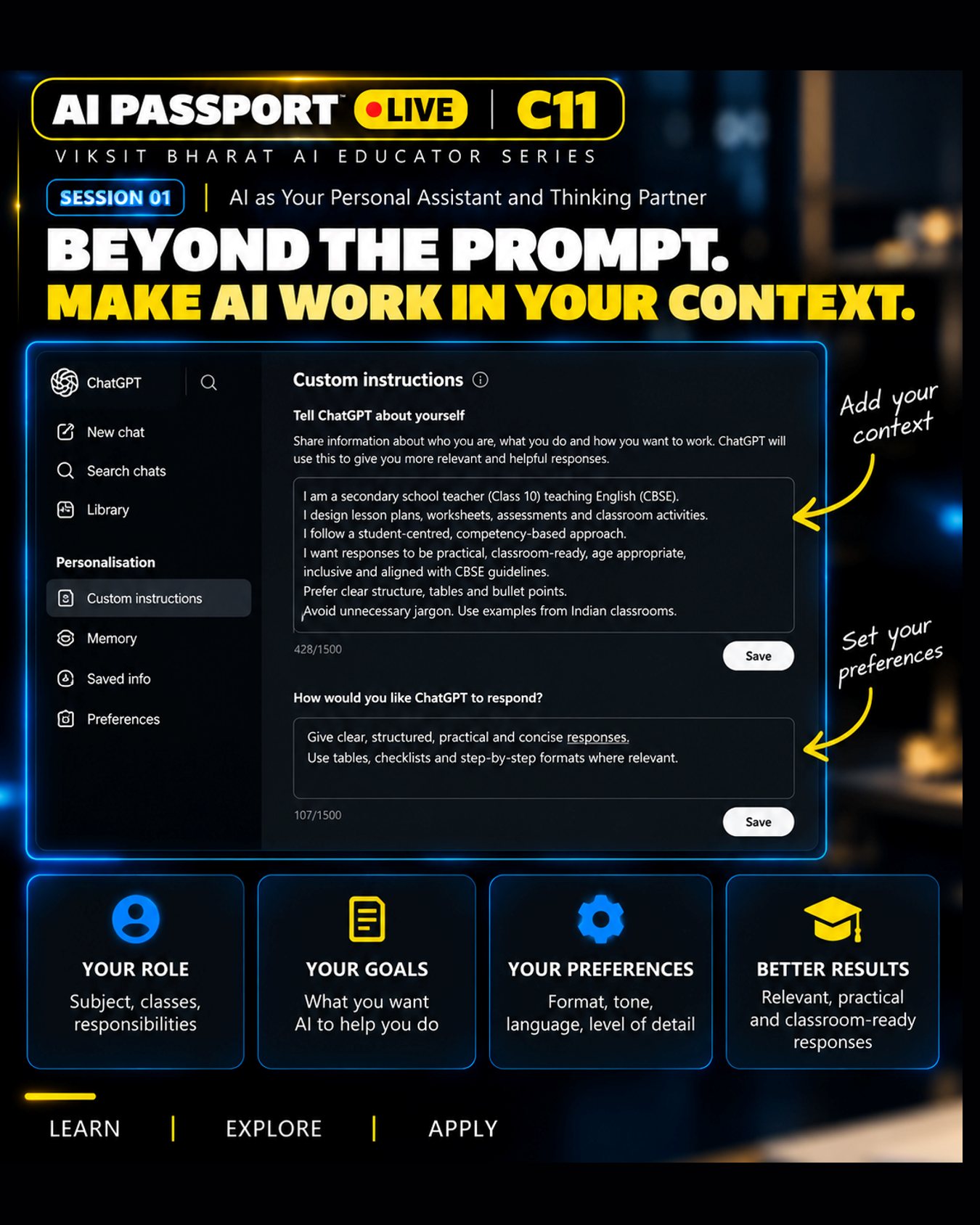 Beyond the Prompt: Custom instructions and personalisation for educators